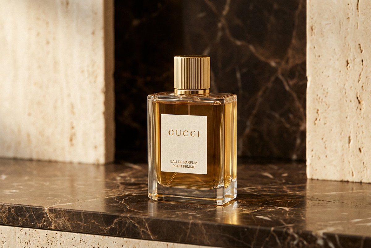 Premium Gucci perfume concept with amber tones, dark marble, and warm gold lighting